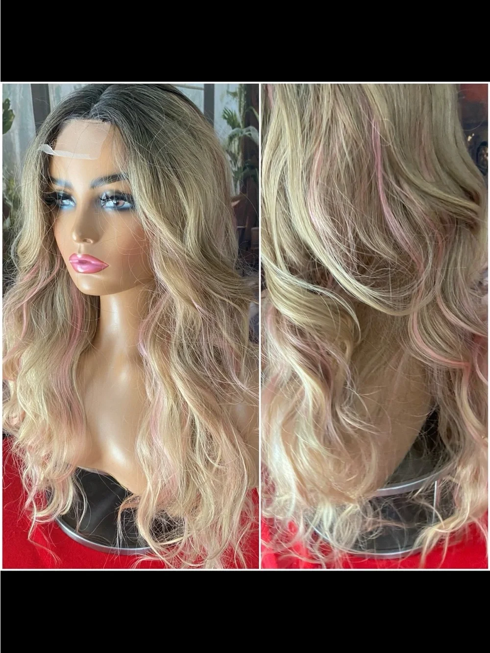 Lace center PINK stripe highlights blonde wig
